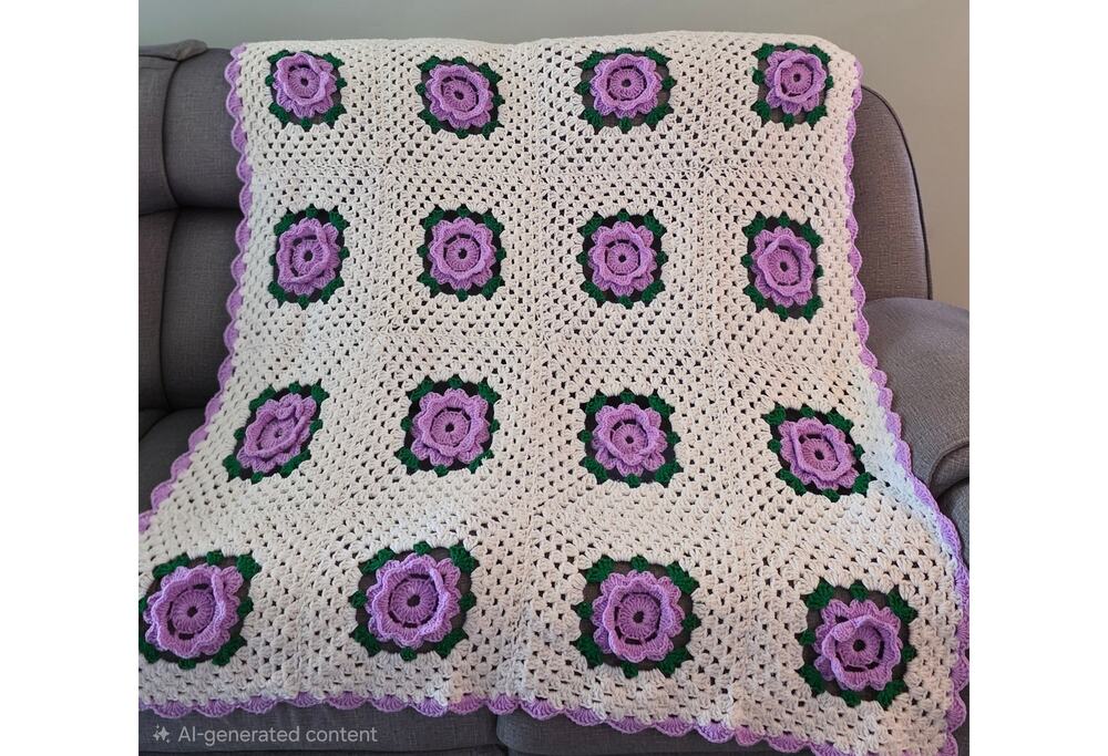 VTG Syle Handmade Crochet Blanket Granny Square Floral Throw 42.5x75.5